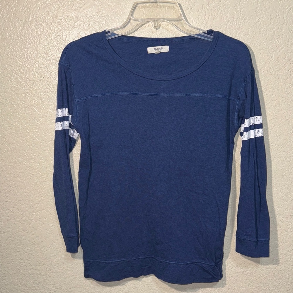 Madewell Women’s XS Blue Long Sleeve Tee White Stripe Sleeve Casual Top